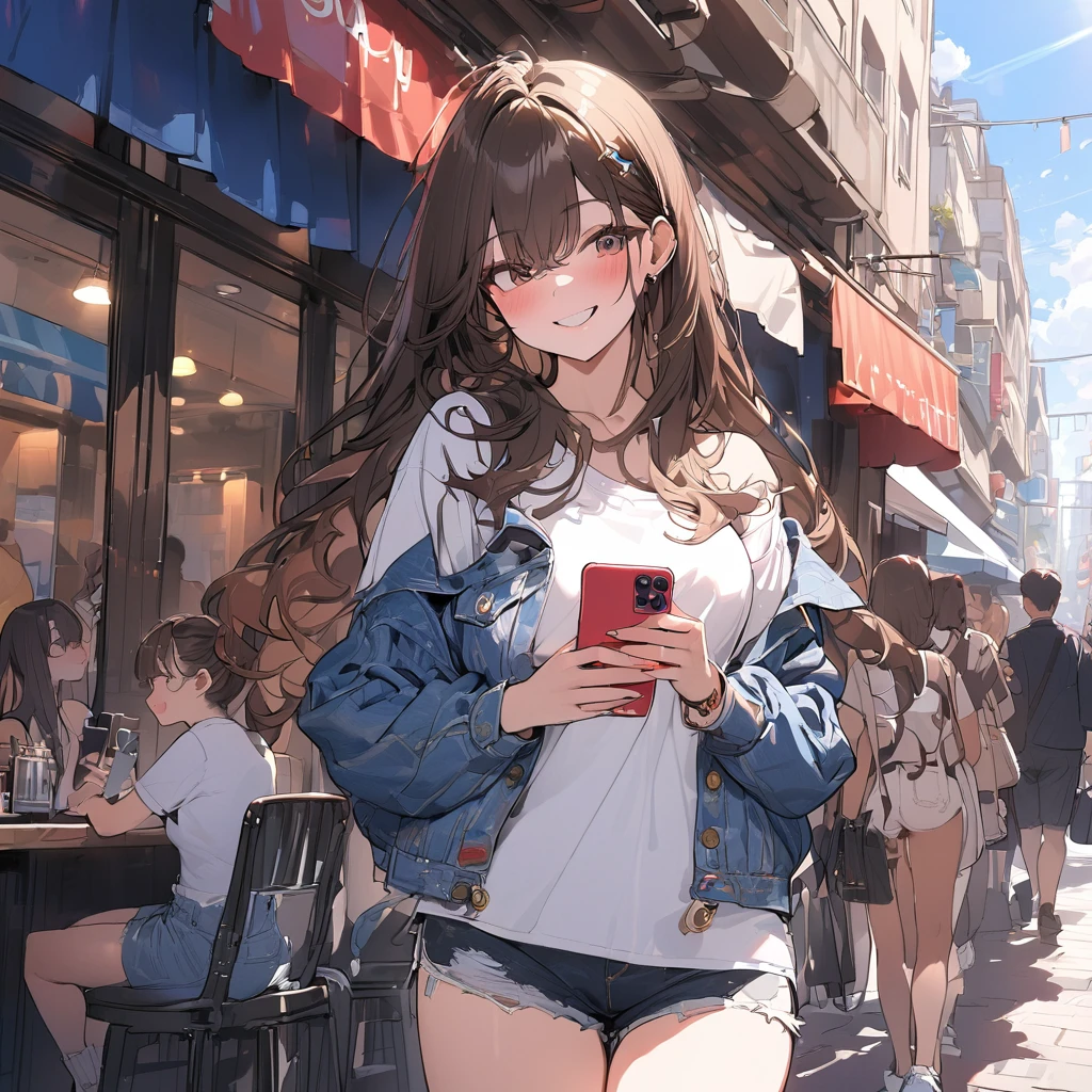 (masterpiece:1.5), highest quality, Super detailed, very detailed, exquisite, 16k, Full HD, very aesthetic, absurdres, anime style, 1girl, high school girl, beautiful, female, super sexy girl, 18 years old, shoulder-length brown hair, brown hair, joyful smile, trendy casual fashion, denim jacket, white T-shirt, shorts, sneakers, holding smartphone, taking, busy street with cafes and boutiques, sunny afternoon, bright sunlight on girl's face, soft shadows, people and bicycles in the background, blue sky and tall buildings in the distance, sharp focus on subject, vivid colors, cheerful and lively atmosphere, warm sunlight feel, in brazil