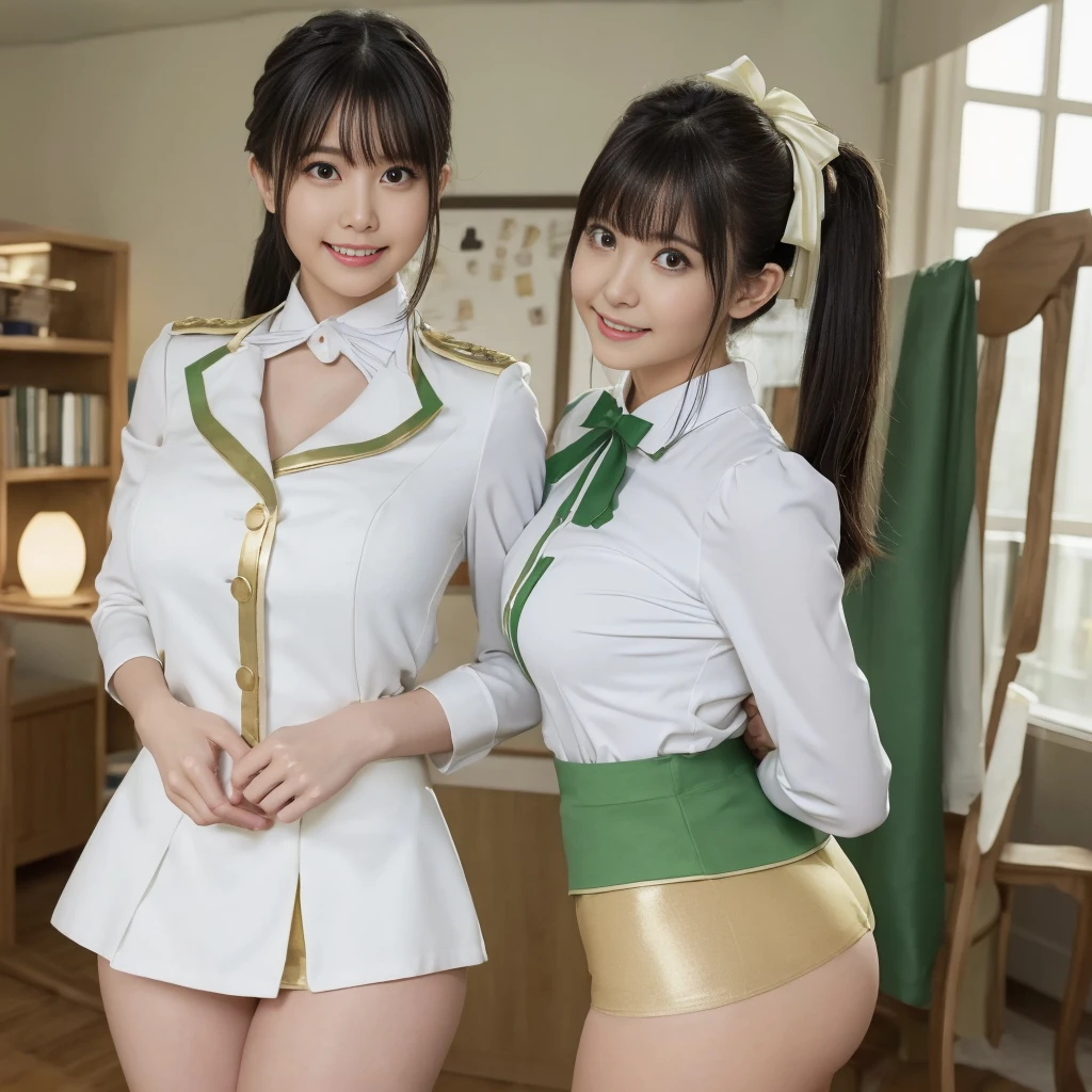 (elite , green, White and gold uniform, White Skirt, White top, green Ribbon, Gold Button, Golden Shoulder Massage、Ass、Black Hair、Big Ass、classroom、Micro Mini Skirt)、Extremely sexy、Glamorous Body、smile、Professional Lighting、Impressive body curves、Beautiful adult woman、Captivating thighs、Very large breasts、Cowboy Shot