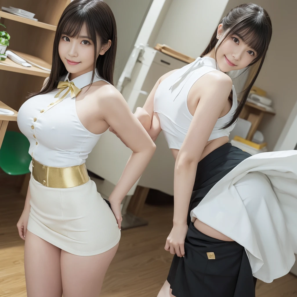 （elite , green, White and gold uniform, White Skirt, White top, green Ribbon, Gold Button, Golden Shoulder Massage、Ass、Black Hair、Big Ass、classroom、Micro Mini Skirt）、Extremely sexy、Glamorous Body、smile、Professional Lighting、Impressive body curves、Beautiful adult woman、Captivating thighs、Very large breasts、Cowboy Shot