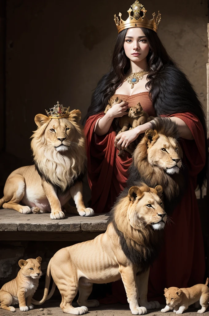 Lion with a crown, and two puppies, one male and one female, at the beginning of the apocalypse