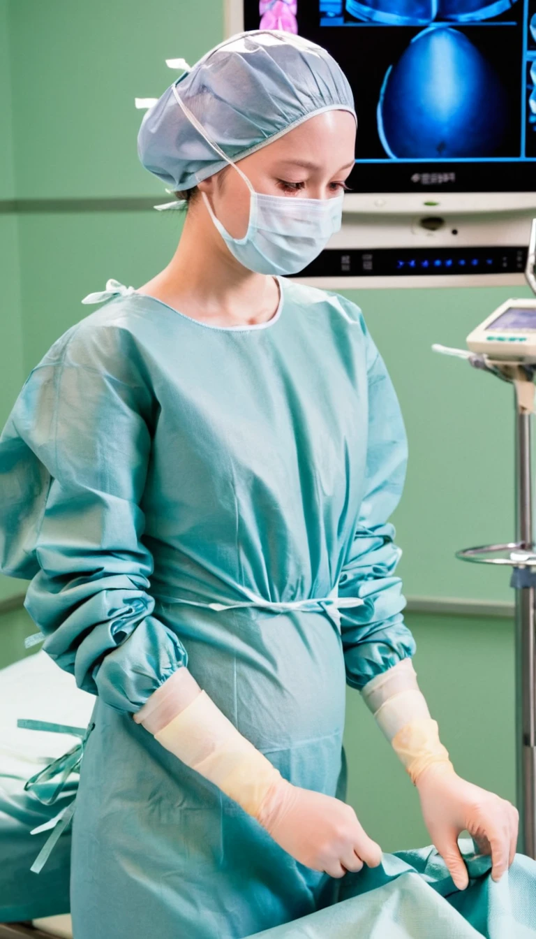 score_9, score_8_up, score_7_up, masterpiece, highest quality, raw image, pale skin, shy eyes, cover the ears, big breasts, surgical mask, surgical cap, long sleeve surgical gown,
1 girl, pregnant with big belly, solo, long rubber gloves, frown, standing, in one hospital, hospital bed, operating room background