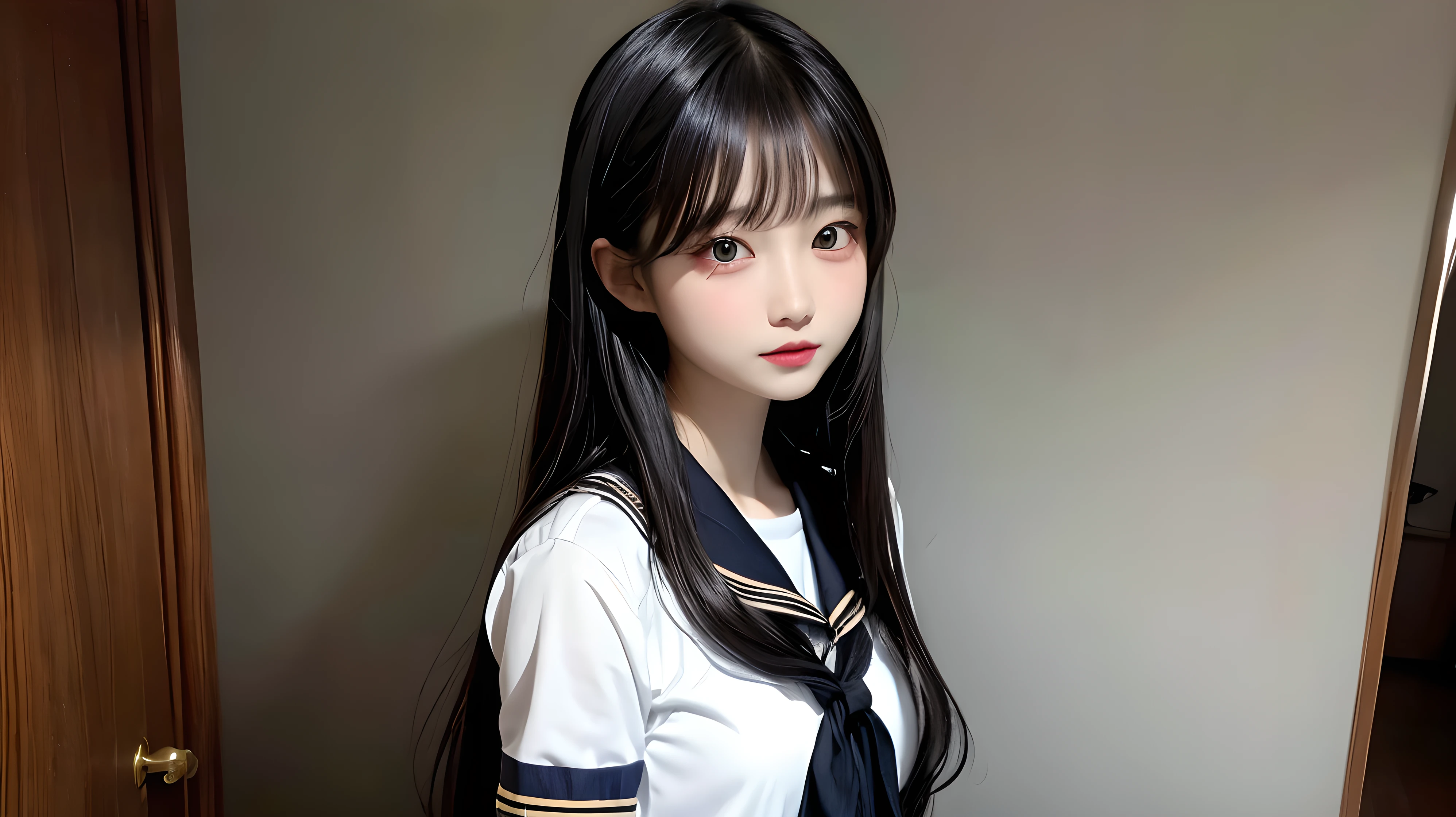 Long black hair, black eyes, girl, sailor uniform, Japanese student
