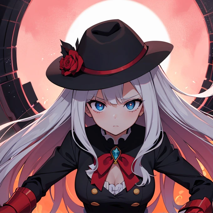 Anime girl with blue eyes and a black hat with red and white design, gapmoe Yandere grimdark, Anime Moe Art Style, 2D Anime Style, gapmoe Yandere, Shalltear Bloodfallen, Hero 2D Fan Art Art Station, Tear from Overlord, Dark Sky、 Holy Cyborg Necromancer Girl, Yandere