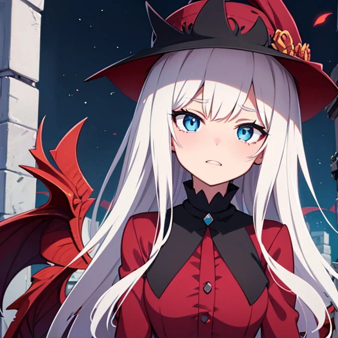 Anime girl with blue eyes and a black hat with red and white design, gapmoe Yandere grimdark, Anime Moe Art Style, 2D Anime Style, gapmoe Yandere, Shalltear Bloodfallen, Hero 2D Fan Art Art Station, Tear from Overlord, Dark Sky、 Holy Cyborg Necromancer Girl, Yandere