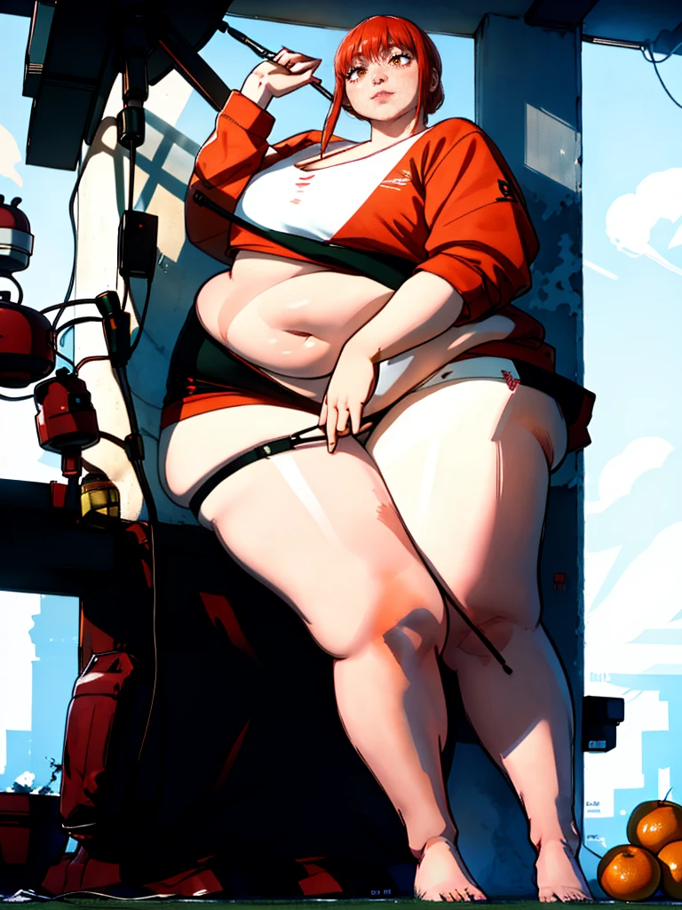 Le personnage Makima de la série animée Chainsaw Man, fragile, obésité morbide, ssbbw, pleine longueur (corps entier 1.1.), fond sombre, obscurité, anatomie correcte 1.1, anatomie correcte de la main, Très féminin, corps gras et rond, grosses Jambes, fesses, beau corps obèse, ventre rond et mou très gras, cheveux roux, Yeux oranges, Cercles rouges pour les écoliers, chemise blanche, jupe noire, cravate noire, pose sexy, réaliste, very détaillé, beau corps, détaillé body, détaillé hands, détaillé, vibrant, détaillé Face, Conception des personnages de Makima. very détaillé, détaillé body, détaillé hands, détaillé Face, Art animé, Hugh Détails, Visage très abattu, détaillé eyes, Illustration ultra fine, Meilleure ombre, détail fin, beautiful détaillé glow, beautiful détaillé, Extraordinairement beau, extremely détaillé, inexpressif, composition épique, Style animé. art animé, Style animé. Jupe noire, chemise blanche, cravatte, pose sexy. Double menton, visage très gras, grosses joues, joues potelées
