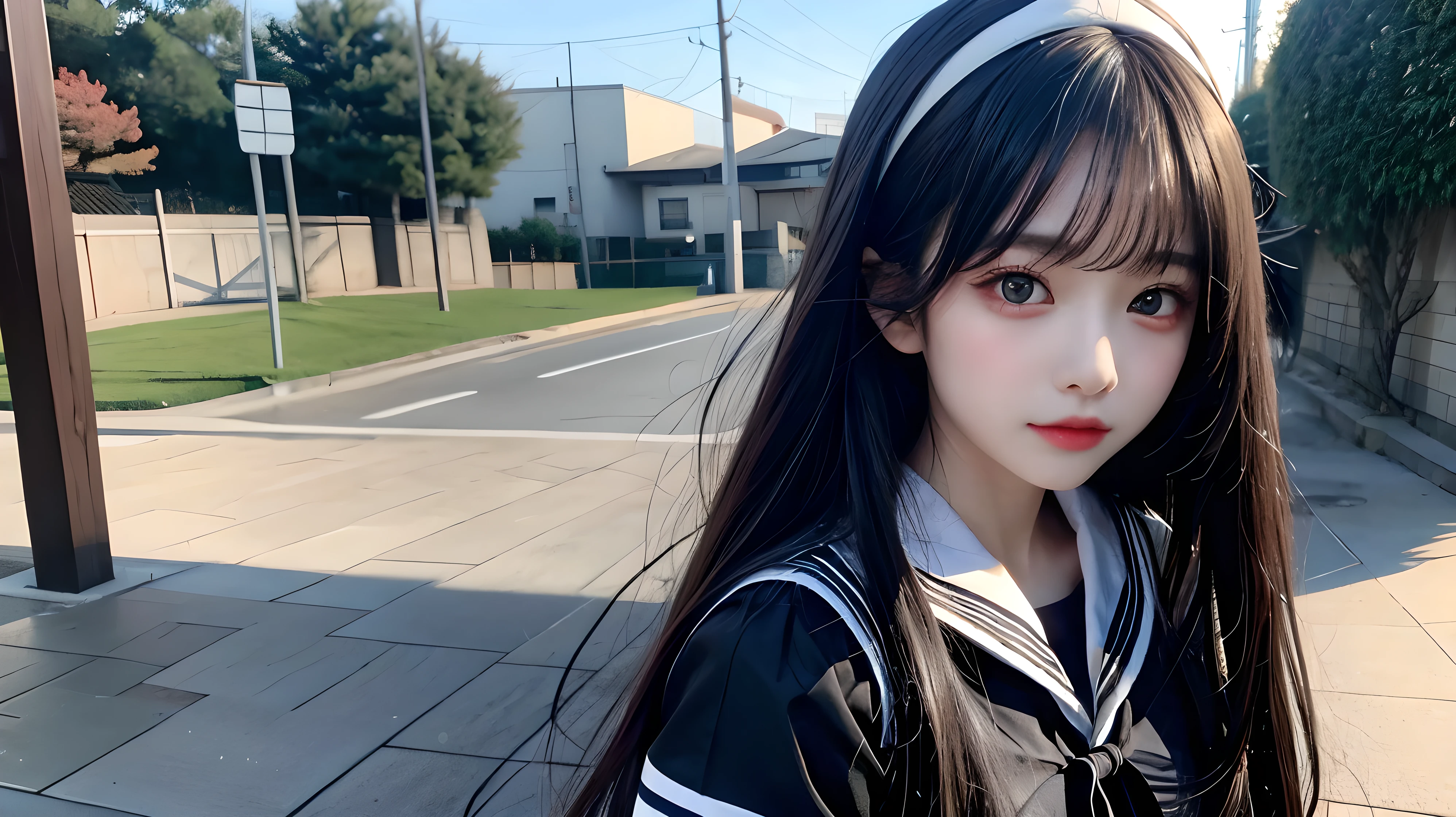 Long black hair, black eyes, girl, sailor uniform, Japanese student