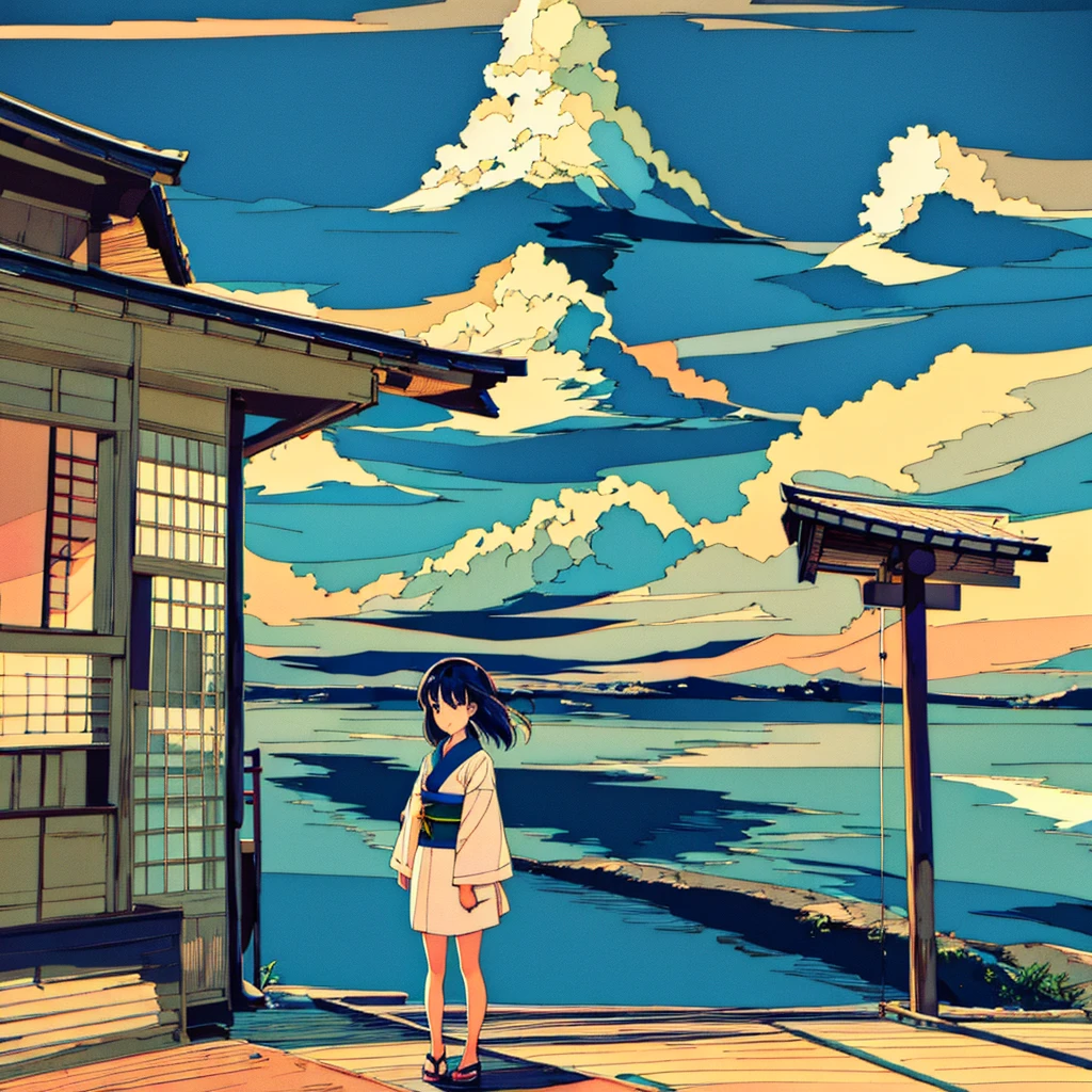 Japanese summer, nostalgic, a girl in a  standing, blue sky, light touch, thin line