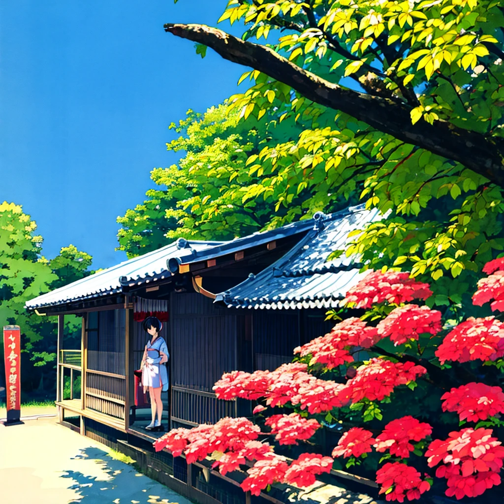Japanese summer, nostalgic, a girl in a standing, blue sky, light touch, thin line