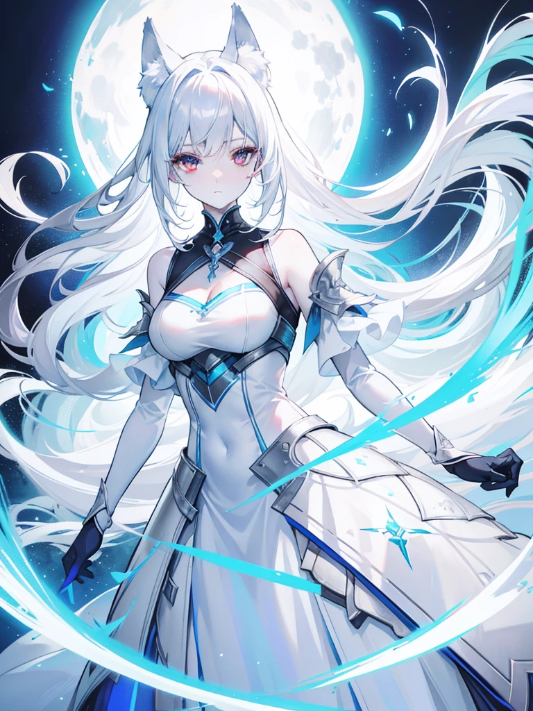 Pale skin, White hair, Blue, blue light in head, wolf tails, , Solo,{{Best quality}}, {{Masterpiece}}, {{Ultra-detailed}}, {illustration}, {Detailed light}, Red eyes,A revealing thin dress.