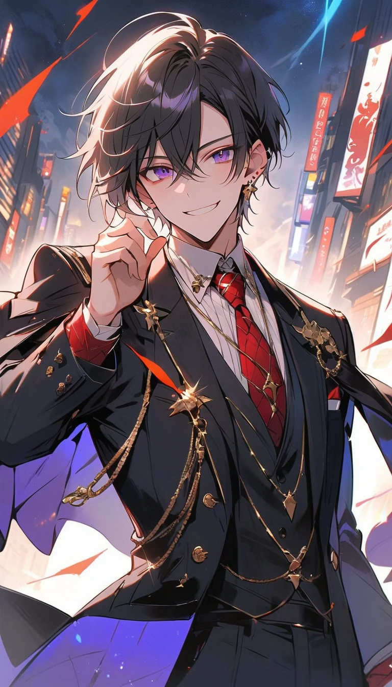 good looking, alone, 1 male, short hair, Smile Facial,1. Boy with black and purple hair, Moderate height, Slim body, Long coat, Black lining,good looking, short hair, Black Hair, Rainbow Hair, Purple eyes, 先端がスモーキーグレーのBlack Hair, smoking, Black light,smile、, Bright, sharp eyes illuminate the scene,uniform,Fewer accessories,whole body,Background white,(masterpiece, Highest quality), Yishang_edge, Default_Costume, One boy, alone, Red tie, Black jacket, Black vest, Jacket on shoulders, White shirt, Collared shirt, Black trousers, View your viewers, city, night, knife,紫色に光るknife身,View your viewers, city, night, From below,Lots of cool accessories
