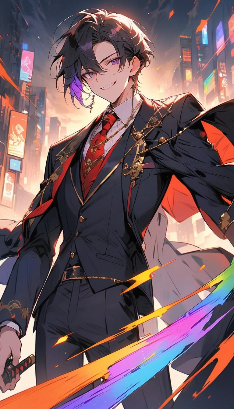 good looking, alone, 1 male, short hair, Smile Facial,1. Boy with black and purple hair, Moderate height, Slim body, Long coat, Black lining,good looking, short hair, Black Hair, Rainbow Hair, Purple eyes, 先端がスモーキーグレーのBlack Hair, smoking, Black light,smile、, Bright, sharp eyes illuminate the scene,uniform,Fewer accessories,whole body,Background white,(masterpiece, Highest quality), Yishang_edge, Default_Costume, One boy, alone, Red tie, Black jacket, Black vest, Jacket on shoulders, White shirt, Collared shirt, Black trousers, View your viewers, city, night, knife,紫色に光るknife身,View your viewers, city, night, From below,Lots of cool accessories