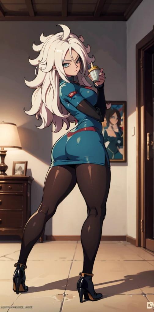 android 21, cups, pose lateral, She is sideways to the spectator, long brown hair, blue colored eyes, plaid dress, pantyhose, looking to the side, pose lateral, standing, ele está standing, serious, legs spread open, livingroom, light bulb, high qualiy, work of art, legs thick, big-ass, body healed,