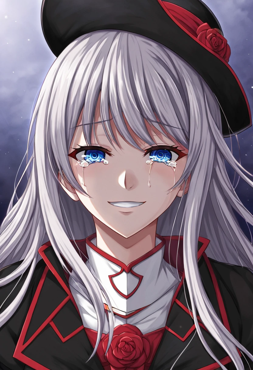 Anime girl with blue eyes and a black hat with red and white design, gapmoe Yandere grimdark, Anime Moe Art Style, 2D Anime Style, gapmoe Yandere, Shalltear Bloodfallen, Hero 2D Fan Art Art Station, Tear from Overlord, Dark Sky、 Holy Cyborg Necromancer Girl, Yandere