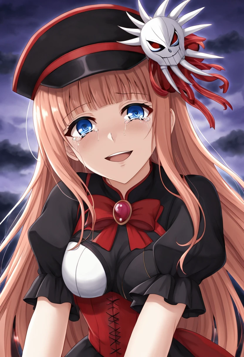 Anime girl with blue eyes and a black hat with red and white design, gapmoe Yandere grimdark, Anime Moe Art Style, 2D Anime Style, gapmoe Yandere, Shalltear Bloodfallen, Hero 2D Fan Art Art Station, Tear from Overlord, Dark Sky、 Holy Cyborg Necromancer Girl, Yandere