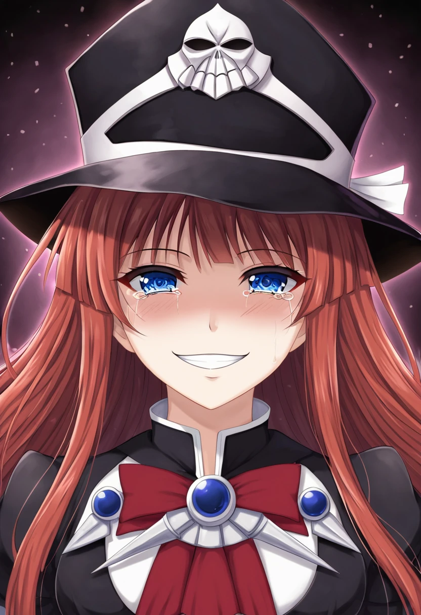 Anime girl with blue eyes and a black hat with red and white design, gapmoe Yandere grimdark, Anime Moe Art Style, 2D Anime Style, gapmoe Yandere, Shalltear Bloodfallen, Hero 2D Fan Art Art Station, Tear from Overlord, Dark Sky、 Holy Cyborg Necromancer Girl, Yandere
