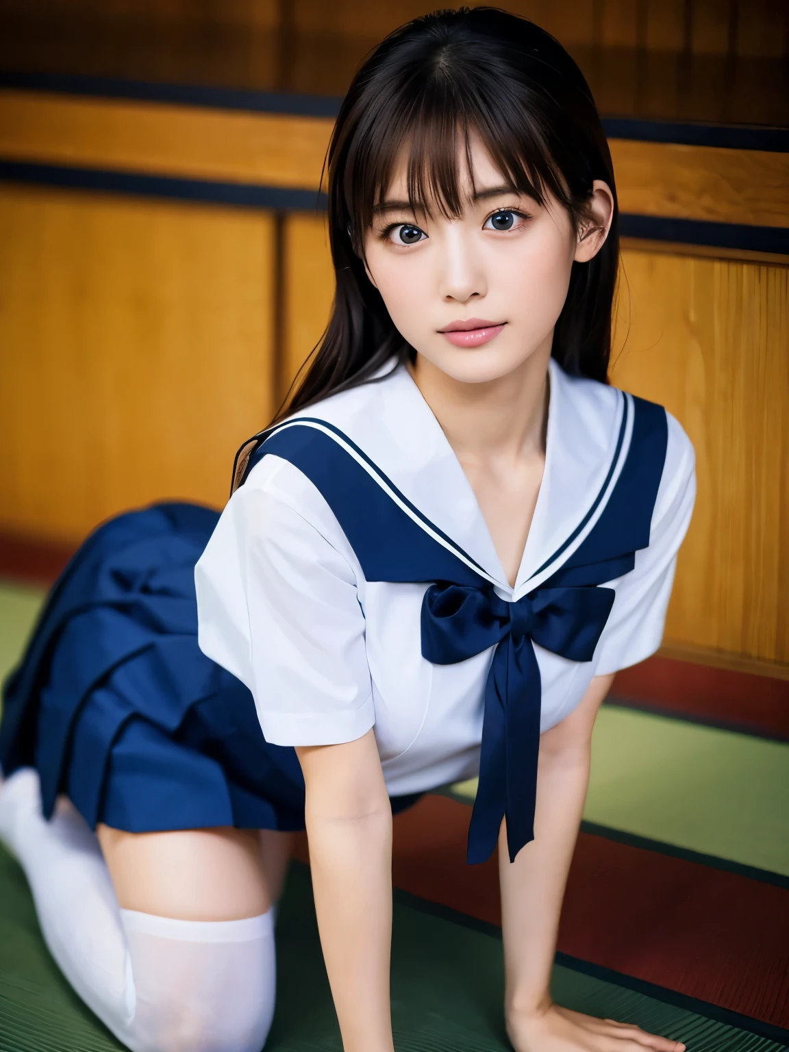 beautiful japanese girl, (highest quality:1.4), (Very detailed), (Very detailed美しい顔), Look forward, japanese sailor suit, Great face and eyes, iris,Medium Hair, Black Hair, (Sailor suit, school uniform:1.2), Short sleeve,Smooth, Very detailed CG synthesis 8k wallpaper, High-resolution RAW color photos, Professional photography, Light, BackLight, dream-like, impressive, Written boundary depth,Beautiful Japanese Girl, (Highest quality:1.4), (Very detailed), (Very detailed美しい顔), look forward to, Japanese Sailor Suit,, Great face and eyes, iris, Short sleeve,over-the-knee socks,mini skirt,Big Breasts,Tongue out,F-cap,sexy,On all fours,