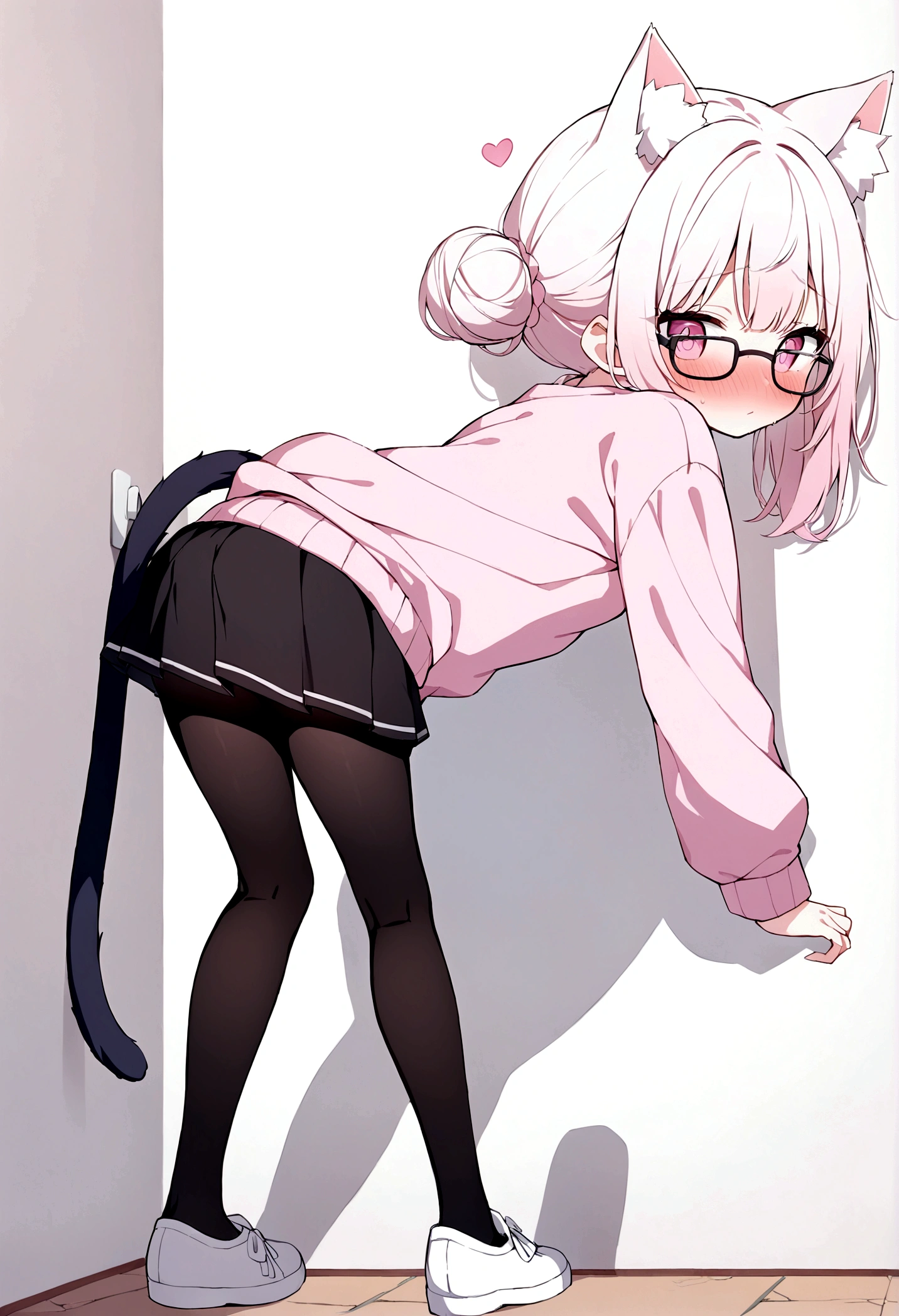 I have white pink hair, cat ears, a bun, my face is super blushing, black glasses, pink heart eyes, a big pink sweatshirt, a black skirt, black stockings, white shoes, a cat's tail, a girl. very shy that she is glued to a wall with her butt