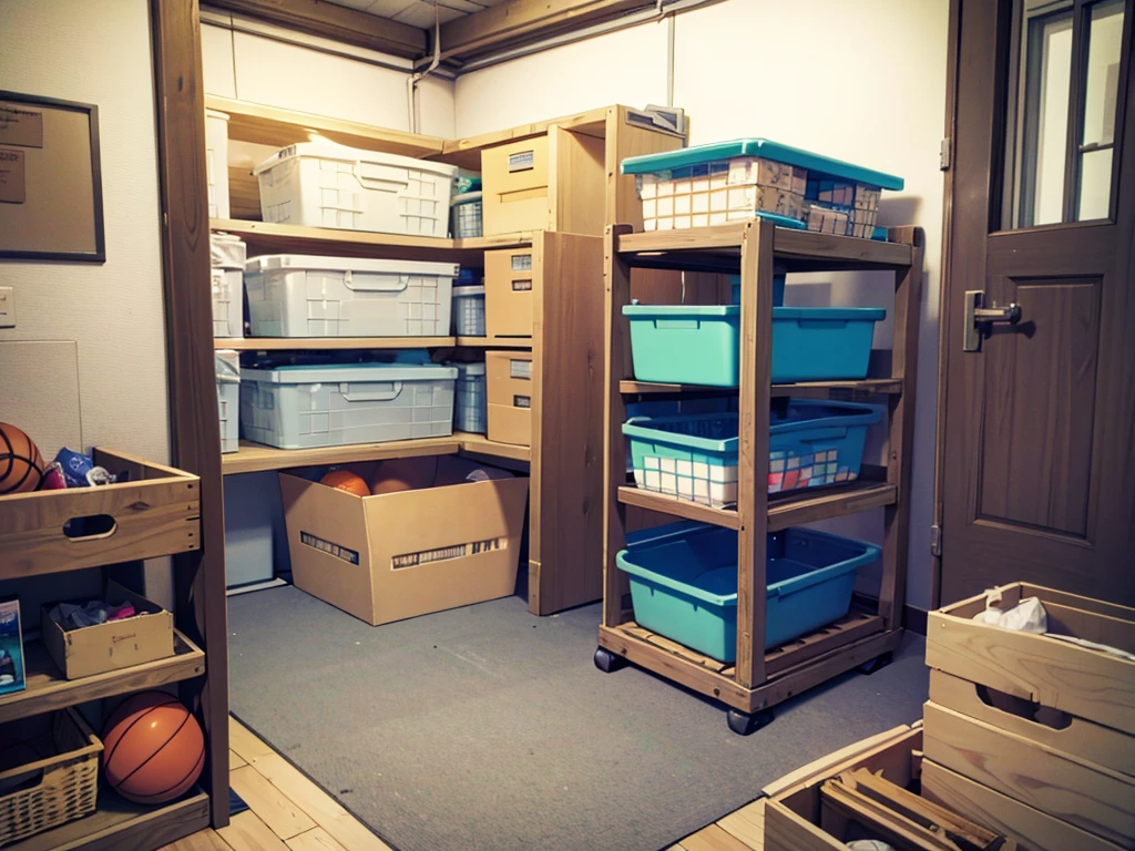 A small school storage room, crates, basketballs