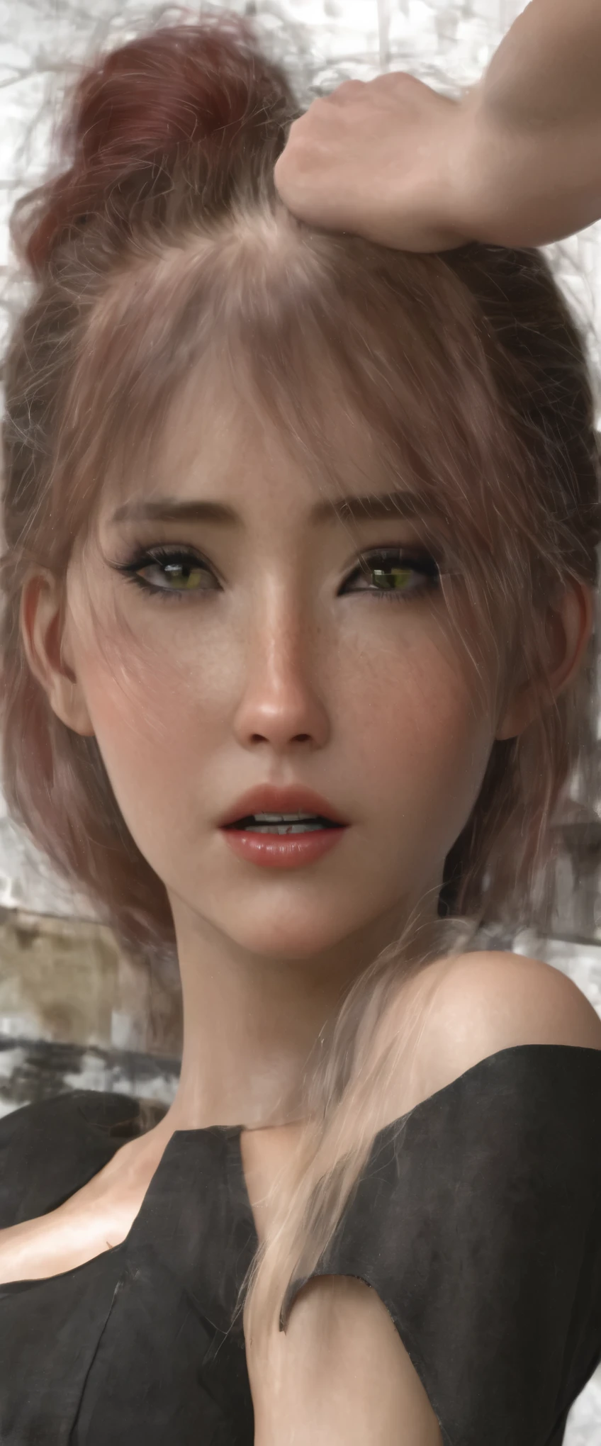 Bishōjo student, ​masterpiece, light makeup, Red lips, red hair, messy long hair, Pure background, beautiful, elegant. Ultrafeine Details, ​masterpieces, realistic texture, Kinoreifer Lichtrealismus, perfect work, 8K, high-res, exquisite facial features, black shirt, black butt skirt, and exquisite curves