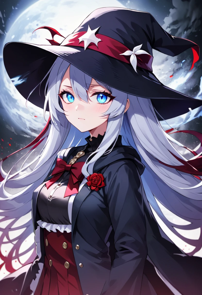 Anime girl with blue eyes and a black hat with red and white design, gapmoe Yandere grimdark, Anime Moe Art Style, 2D Anime Style, gapmoe Yandere, Shalltear Bloodfallen, Hero 2D Fan Art Art Station, Tear from Overlord, Dark Sky、 Holy Cyborg Necromancer Girl, Yandere