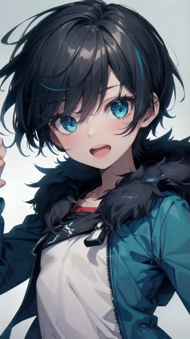 Close-up of a cartoon girl with blue hair and a yellow shirt, 2D Animation, 2D Animation style, 2D Art, 2D Art, 2D from Gorillaz, 2D from Gorillaz, 2D Gorillaz, Screaming Cerket, 2D Sprites, Jinx Face, short hair, Small breasts, hot pants, ((Black Hair, Bright blue fur inside:1.4))