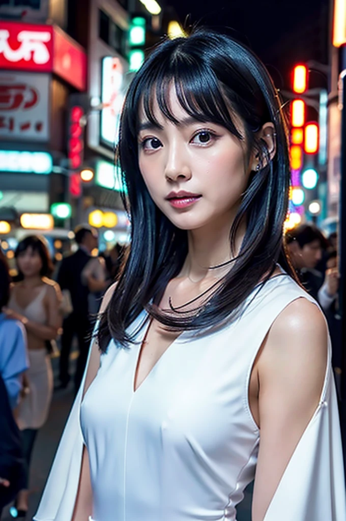 cinematic, Blue hour, (((Ultimate ultra Photorealistic, ultimate high-quality 32k photo))),(((An American shot photo, crossed arms, a36yo ultimate beautiful &cute Japanese actress:))),(((She has a very intelligent and ultimate beautiful Japanese face&black eyes, pointy nose, ultra detailed face, oval face, blushing cheeks, ultimate well-proportioned face with))),((black elegant wet short middle bob, very light naturally makeup)),(((She has the ultimately perfect nice&Sensual proportions, very just fitted v-neck half sleeve white elegant business buttonless Open-collar blouses , white beautiful ultimate realistic glossy wet Japanese lady Fair and beautiful skin , A simple and modest silver necklace,Stormy Summer very Humid and Hot very dark Night ,Tokyo business night street)))