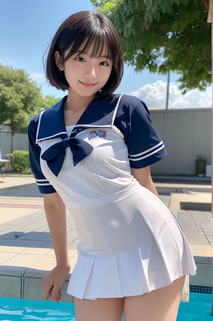 NSFW) (masterpiece),(best quality),(ultra detailed)1 Female,,Japanese,155 cm,high school student Kuroku,short hair,Light Wave,(small breasts),A sparkling smile,日本のSchool,Sailor suit,Short sleeve、Short skirt,School,Poolside,Midsummer Sunshine,Splashes from a hose null cloud (dynamic pose)Front view 3d