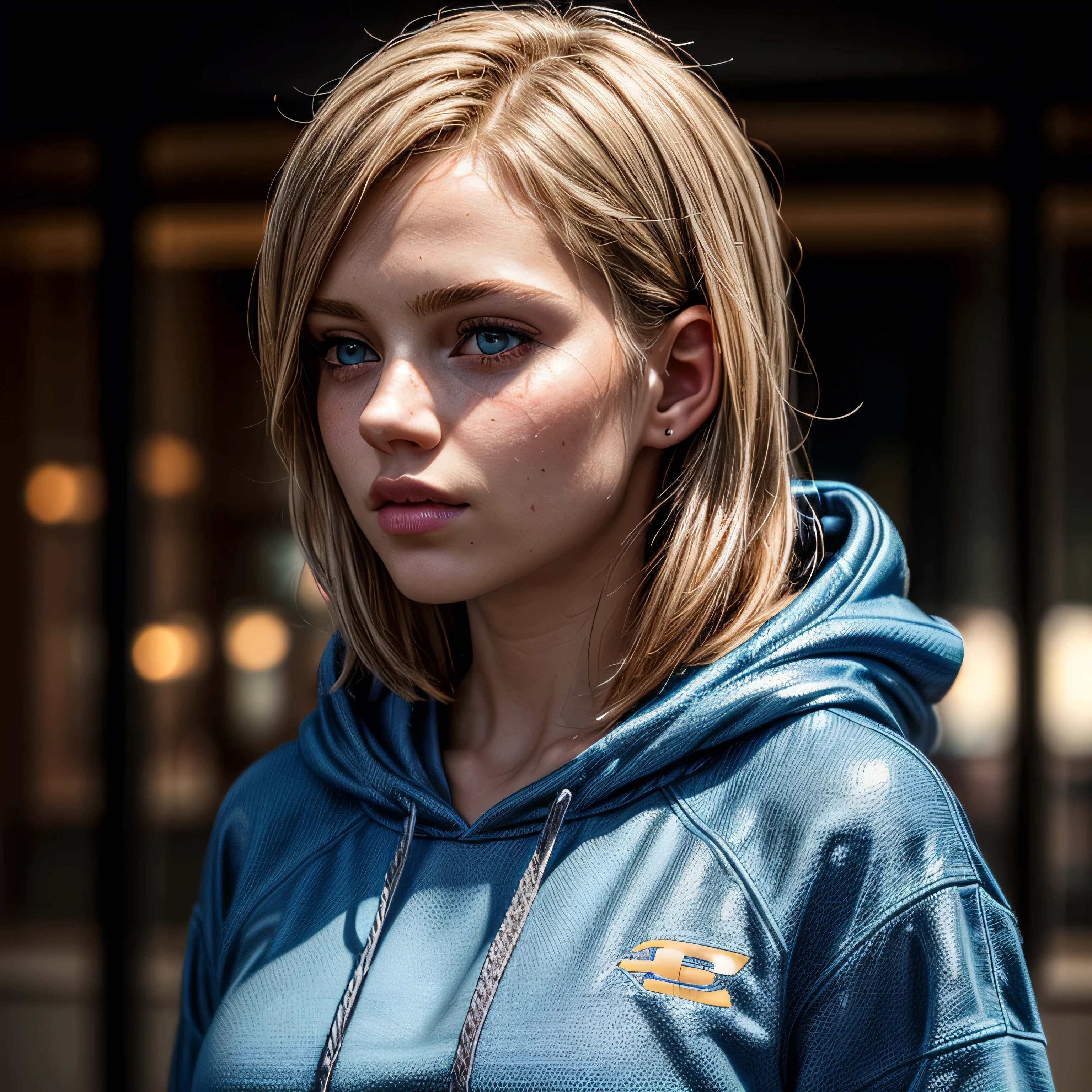 (masterpiece, photorealistic:1.4, extremely intricate:1.3), (photon mapping, radiosity, physically based rendering, ultra resolution, hyper-realistic, 8K), teenage girl [blonde hair:purple hair:0.6] wearing a blue hooded sweatshirt, looking away, portrait, closeup