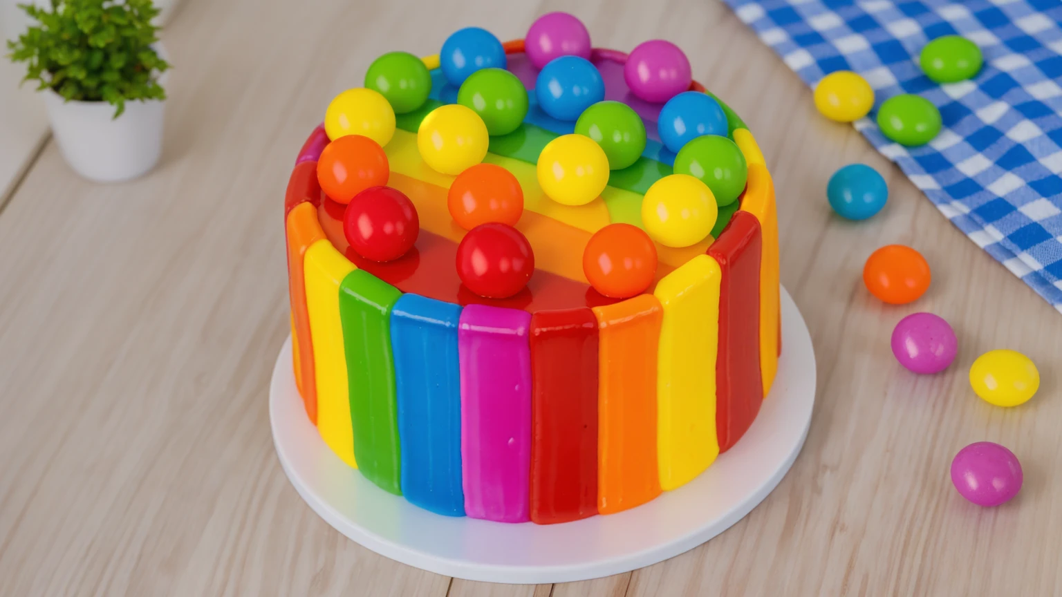 on a wooden table, cake on a white plate. rainbow chocolate bar cake, rainbow ganage on top, rainbow spheres made of polymer clay. there is a blue checkered tablecloth on the table. scattered rainbow jelly beans. there is a vase with a plant on a wooden table. Realistic style, realistic texture, detailed texture, bright lighting, Beautiful light from the window, high quality, A high resolution, macro photography, ultra hd 4k, Beautiful sunlight