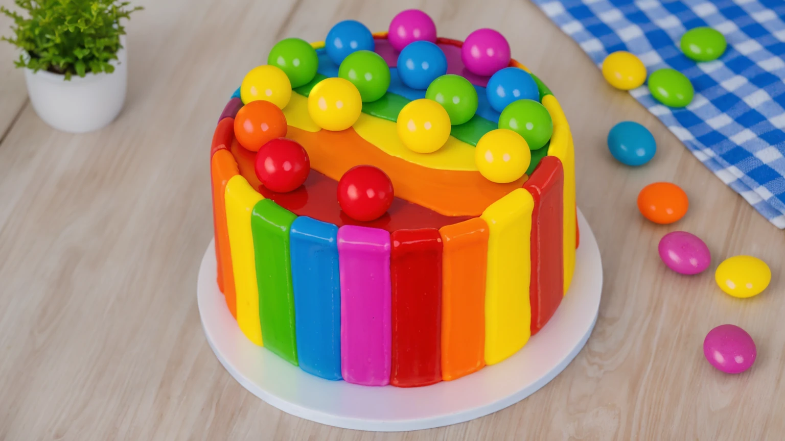 on a wooden table, cake on a white plate. rainbow chocolate bar cake, rainbow ganage on top, rainbow spheres made of polymer clay. there is a blue checkered tablecloth on the table. scattered rainbow jelly beans. there is a vase with a plant on a wooden table. Realistic style, realistic texture, detailed texture, bright lighting, Beautiful light from the window, high quality, A high resolution, macro photography, ultra hd 4k, Beautiful sunlight