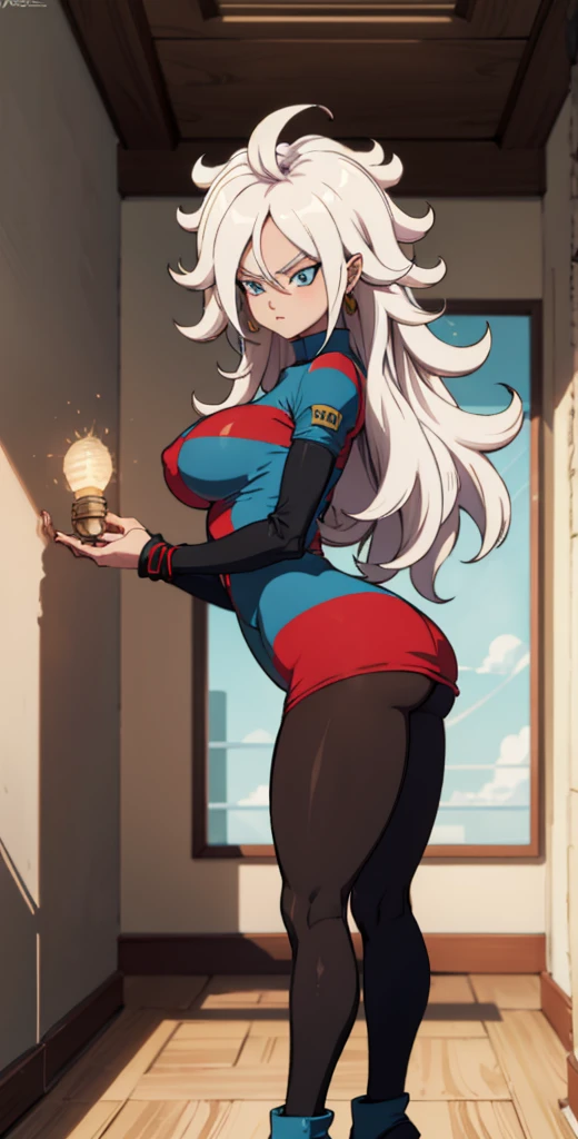 android 21, cups, pose lateral, She is sideways to the spectator, long brown hair, blue colored eyes, plaid dress, pantyhose, looking to the side, pose lateral, standing, ele está standing, serious, legs spread open, livingroom, light bulb, high qualiy, work of art, legs thick, big-ass, body healed,