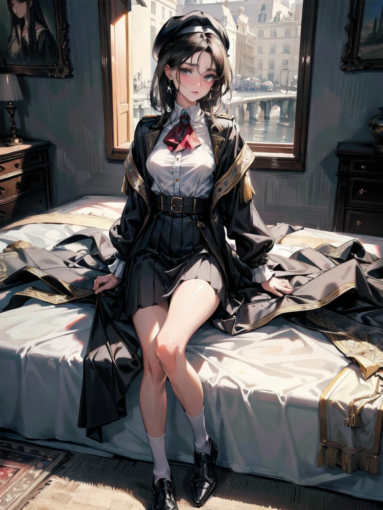 absurdres, RAW photo, extremely delicate and beautiful, masterpiece, Best Quality, ultra high resolution, 32k, hyperrealistic, ultra-detailed, delicate facial features, beautiful detailed woman, tearful mole, earring, medium breasts, full body shot, medium hair, black hair, 2 girls, yuri, beret, skirt, military uniform,