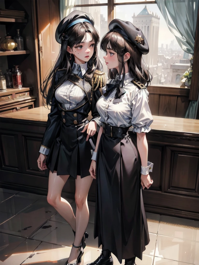 absurdres, RAW photo, extremely delicate and beautiful, masterpiece, Best Quality, ultra high resolution, 32k, hyperrealistic, ultra-detailed, delicate facial features, beautiful detailed woman, tearful mole, earring, medium breasts, full body shot, medium hair, black hair, 2 girls, yuri, beret, skirt, military uniform,