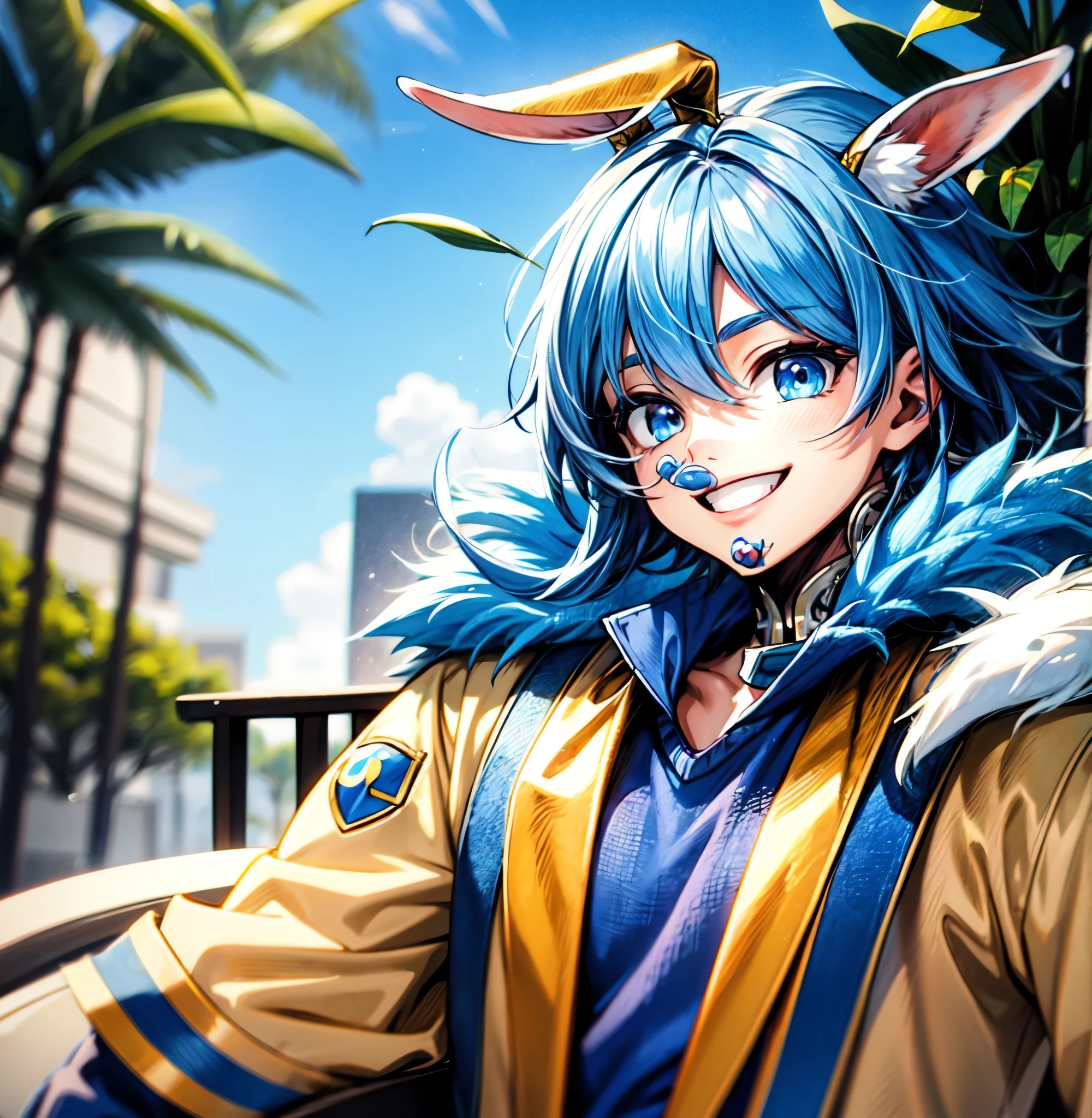 (best quality), (masterpiece), (detailed) male, adult, short blue hair, blue hair highlights, detailed blue eyes, blue fur rabbit ears, prince of the rabbit kingdom, friendly smile, sunny nature background