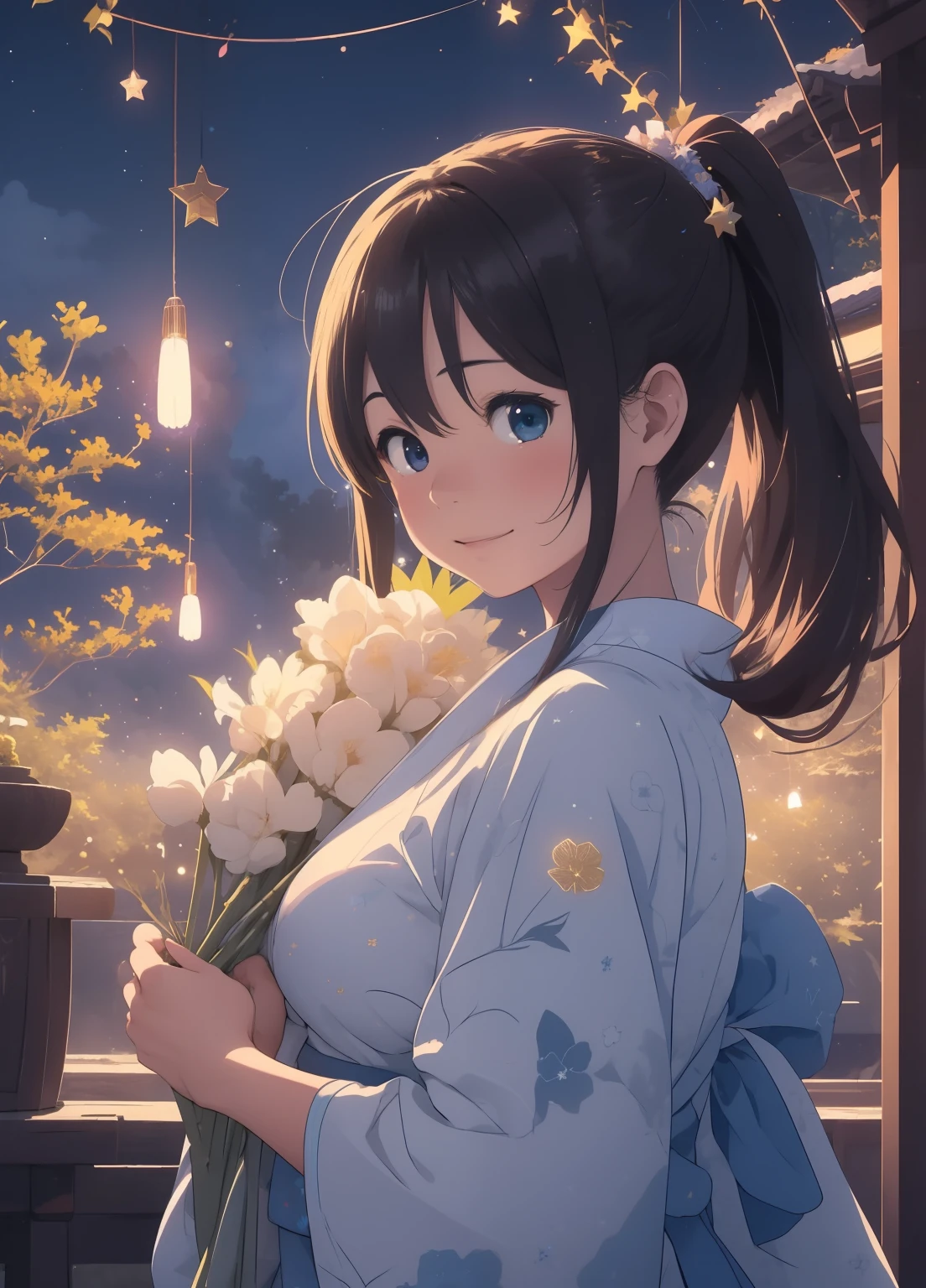 (masterpiece、Highest quality、Highest quality、Official Art、Beautiful and beautiful:1.2)、(One girl:1.3)Hatsune Miku、Twin tails,Beautiful breasts,Highest quality, masterpiece, Hikoboshi and Orihime, The best smile, Looking up at the sky,Brown Hair、ponytail、 yukata, Blue Eyes Method, Night view, Tanabata Festival,Many Stars々、The stars shine beautifully、Brightly colored stars、Vast Universe、 大きなbambooと色とりどりの吊り飾り,Golden light particle effect, Events in Japan、Tanabata decoration、bamboo、Wish