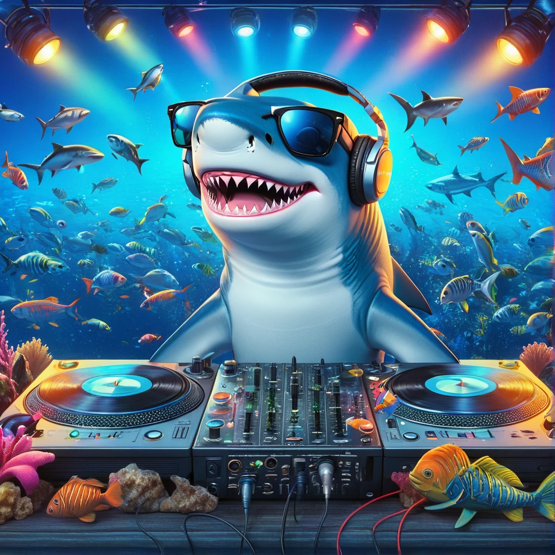 a close up of a DJ shark with headphones and sunglasses, playing music, Background with fish, high quality