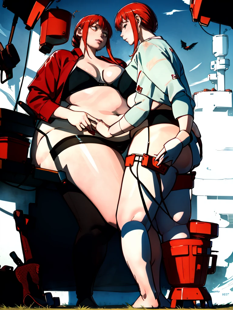 Le personnage Makima de la série animée Chainsaw Man, fragile, obésité morbide, ssbbw, pleine longueur (corps entier 1.1.), fond sombre, obscurité, anatomie correcte 1.1, anatomie correcte de la main, Très féminin, corps gras et rond, grosses Jambes, fesses, beau corps obèse, ventre rond et mou très gras, cheveux roux, Yeux oranges, Cercles rouges pour les écoliers, chemise blanche, jupe noire, cravate noire, pose sexy, réaliste, very détaillé, beau corps, détaillé body, détaillé hands, détaillé, vibrant, détaillé Face, Conception des personnages de Makima. very détaillé, détaillé body, détaillé hands, détaillé Face, Art animé, Hugh Détails, Visage très abattu, détaillé eyes, Illustration ultra fine, Meilleure ombre, détail fin, beautiful détaillé glow, beautiful détaillé, Extraordinairement beau, extremely détaillé, inexpressif, composition épique, Style animé. art animé, Style animé. Jupe noire, chemise blanche, cravatte, pose sexy. Double menton, visage très gras, grosses joues, joues potelées