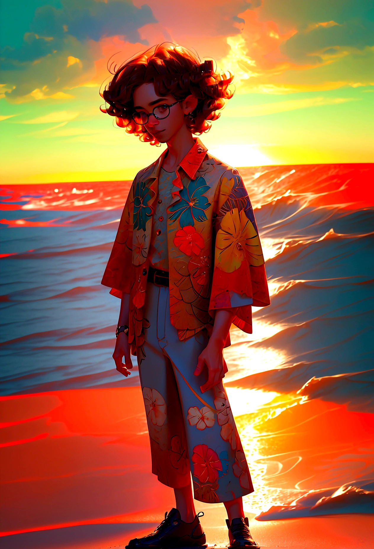close shot a man with short curly hair wearing a hawaiian shirt and glasses, standing on a beach in warm sunlight, highly detailed, digital art, anime style, 8k, best quality, masterpiece, vibrant colors, dynamic lighting, intricate details, beautiful scenery, serene atmosphere, mid shot, zoom shot
