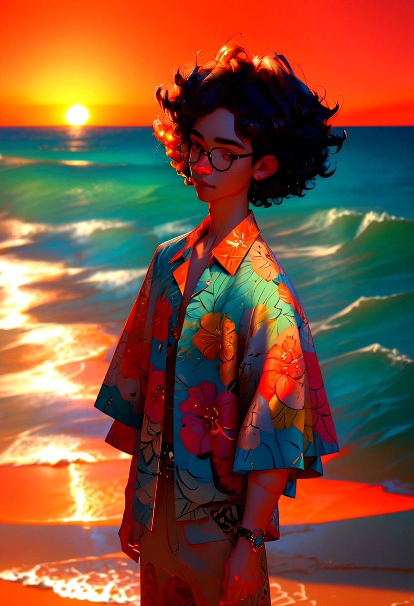 close shot a man with short curly hair wearing a hawaiian shirt and glasses, standing on a beach in warm sunlight, highly detailed, digital art, anime style, 8k, best quality, masterpiece, vibrant colors, dynamic lighting, intricate details, beautiful scenery, serene atmosphere, mid shot, zoom shot