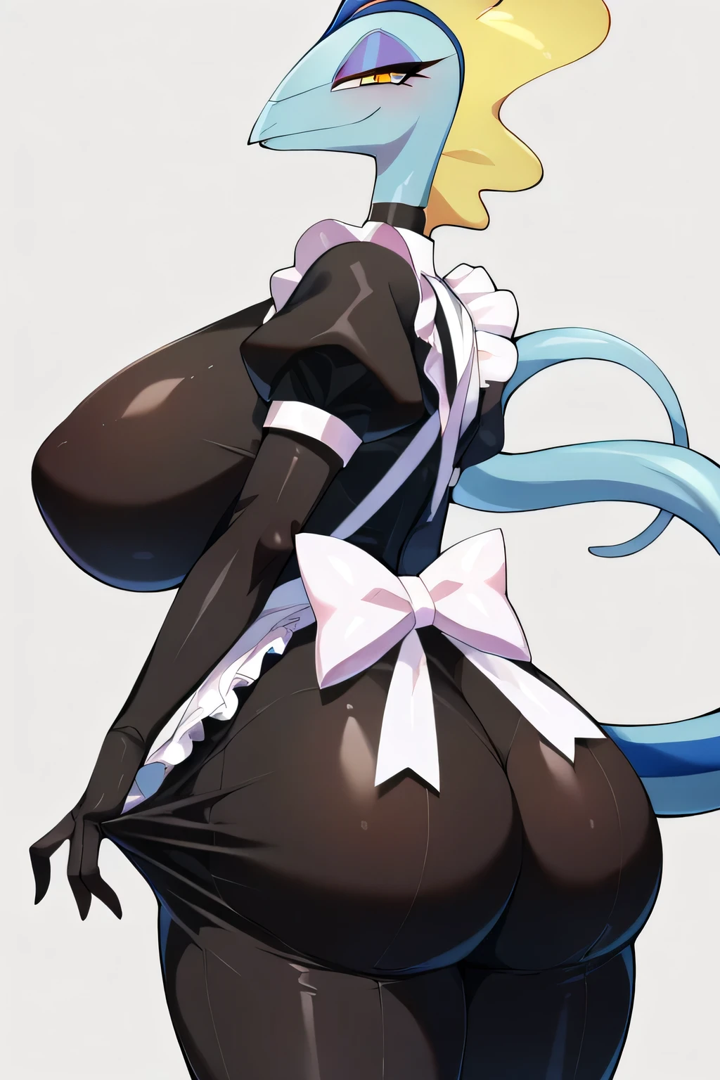 score_9, score_8_up, score_7_up, BREAK, solo, breasts, makeup, maid suit, grabbing plumber, sexy pose, ((huge breasts :1.5)), big ass, upper body, portrait, mature Inteleon, simple bottom, thick thighs, Hips wide, big ass, slightly showing butt crack, showing big butt