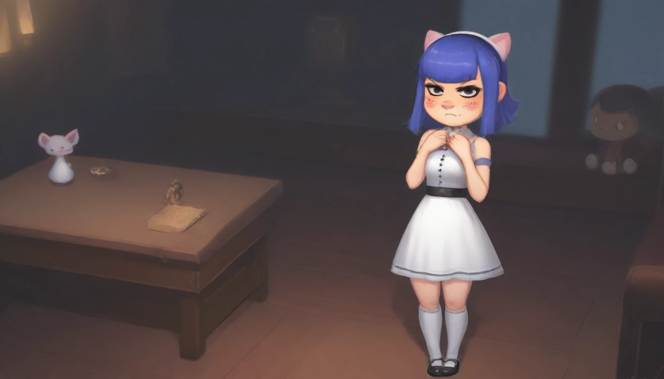 Eye, Animal Crossing Muscle, hairy, Blue Hair, Hair accessories, Yellow skin, 黑Eye, White Dress, Tail, Looking at the audience, Serious, Cross your legs, from_below, His sofa, Inside the living room, Hieroglyphics, high quality, masterpiece, 1 Girl,Cat ears,Dark skin tone,clothing,earrings,Jackal ears,Jewelry,Long hair, White Dress, Sit at your desk, She wrote a heartfelt letter, Her expression is both nostalgic and wistful, Dramatic Lighting, Detailed background, masterpiece, best quality, high quality, absurd, The award-winning, professional, Very detailed