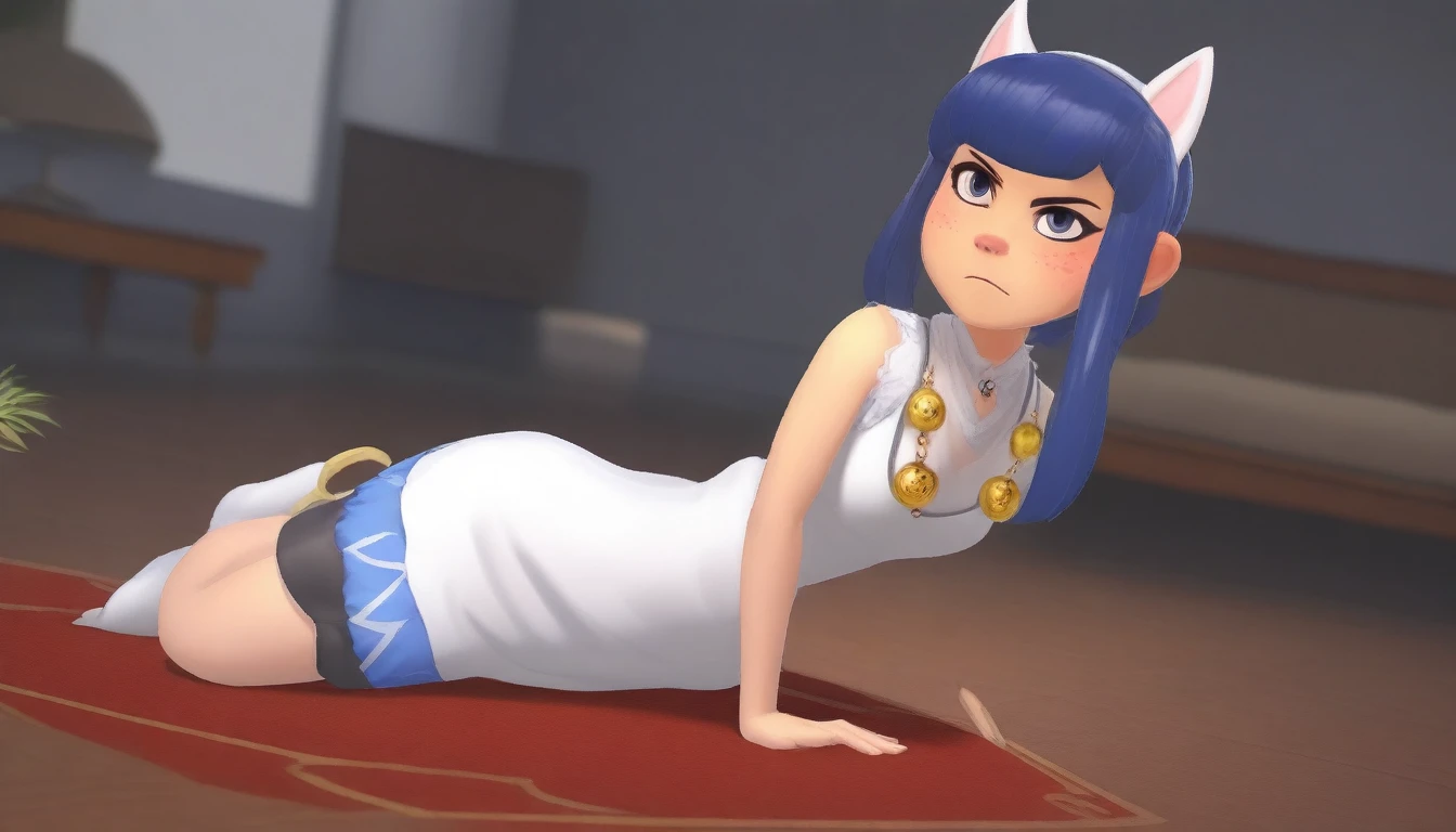 Eye, Animal Crossing Muscle, hairy, Blue Hair, Hair accessories, Yellow skin, 黑Eye, White Dress, Tail, Looking at the audience, Serious, Cross your legs, from_below, His sofa, Inside the living room, Hieroglyphics, high quality, masterpiece, 1 Girl，Cat ears，Dark skin tone，clothing，earrings，Jackal ears，Jewelry，Long hair, White Dress, Sit at your desk, She wrote a heartfelt letter, Her expression is both nostalgic and wistful, Dramatic Lighting, Detailed background, masterpiece, best quality, high quality, absurd, The award-winning, professional, Very detailed