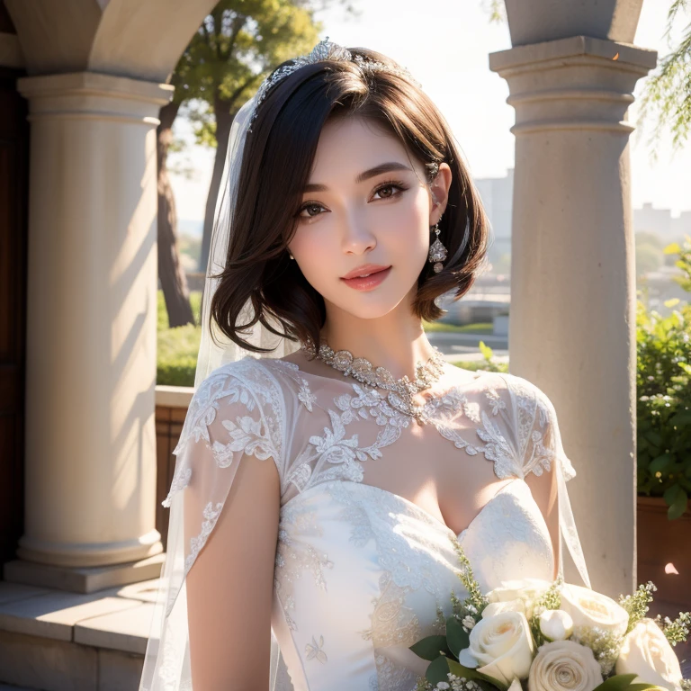 a beautiful young woman in a wedding dress, short hair, detailed face, alluring eyes, full lips, large bust,wedding ceremony, outdoor date setting, soft lighting, warm colors, photorealistic, 8k, cinematic, beautiful detailed eyes, beautiful detailed lips, extremely detailed face and eyes, long eyelashes, intricate clothing textures, elegant posing, warm smile, romantic atmosphere