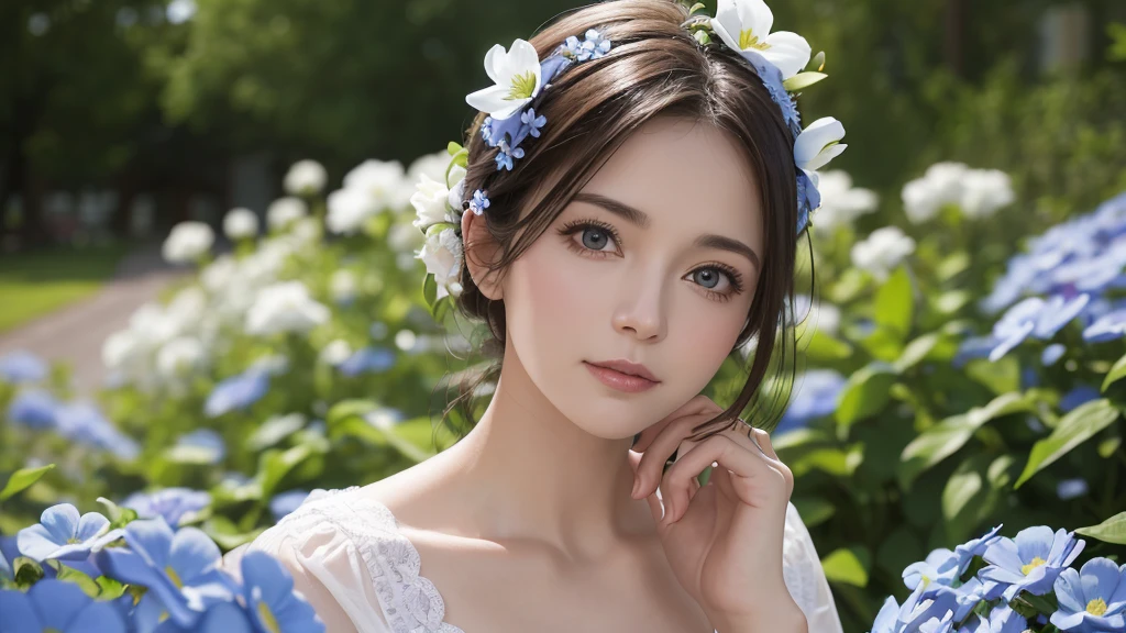 （Absurd，Ultra-high resolution，Super detailed），（Blue and white），Mature Woman，Bust photo，Surrounded by flowers，Blurred flower background，（Blurred：1.3，Soft Lighting：1.4，Cinematic light：1.4）
