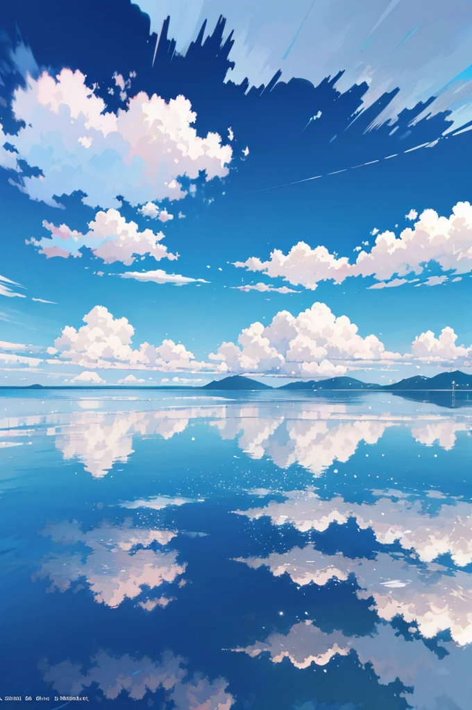 MKSKS style, (flat_Color, 2D, Pastel_Style), Official artwork, (Blue_Theme:1.2), Clouds, Niconico, offical wallpaper, (partly_Colored:0.5), (Traditional media:0.5), (Wide_Shot:1.3)
break
cloudy_sky, (Reflective_water:1.3), scenic, sky, water, (Ripples:0.5), Reflection, Wind, (Cinematic:1.2), (horizon:1.3), Shallow_water,