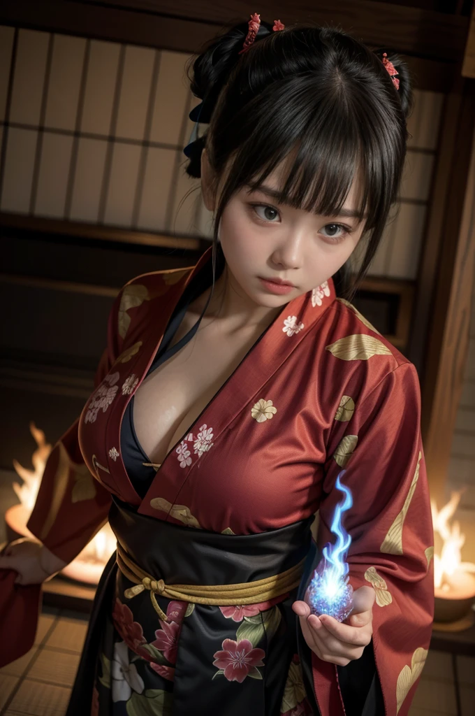 A woman in a kimono facing off against a monster、Has flames on its body、Angry expression、（Whole body 1：2）The World of Japanese Styles、