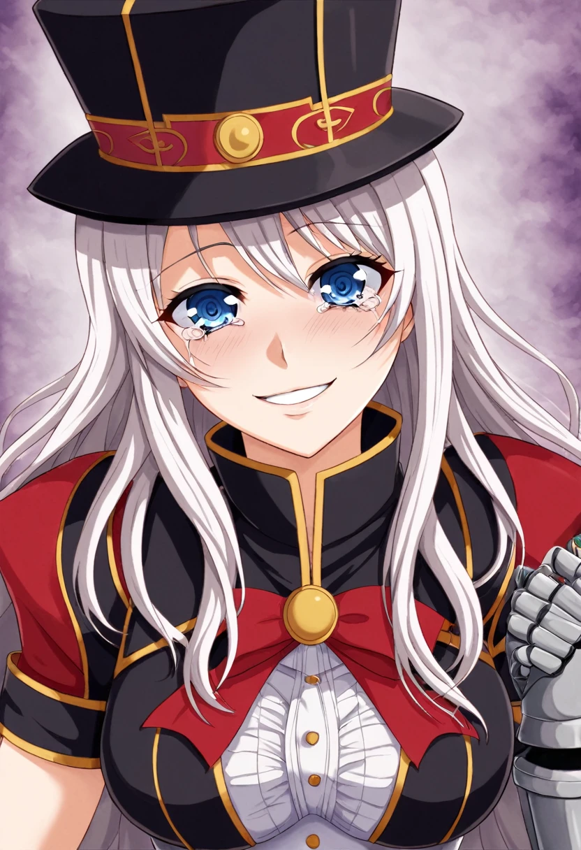 Anime girl with blue eyes and a black hat with red and white design, gapmoe Yandere grimdark, Anime Moe Art Style, 2D Anime Style, gapmoe Yandere, Shalltear Bloodfallen, Hero 2D Fan Art Art Station, Tear from Overlord, Dark Sky、 Holy Cyborg Necromancer Girl, Yandere