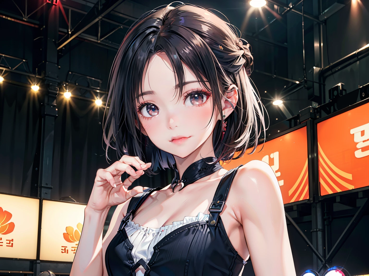 ((Best of the highest quality, 8k, Masterpiece, raw photo: 1.1)), (Sharp focus: 1.1), (1 AESPA, slim body type female, 22 y/o: 1.1), solo, Portrait Waist Up, (realistic, photo-realistic:1.37), face focus, cute face, finely eyes, (forehead, short hair, updo: 1.28), (sharp chin, droopy eyes: 1.32), (Emphasize prominent aegyo-sal with bright: 1.28), shimmering eyeshadow applied under the lower lash line, paired with thick, (small breasts, flat chest: 1.2), alternative outfit, walking on stage, microphone, flower,