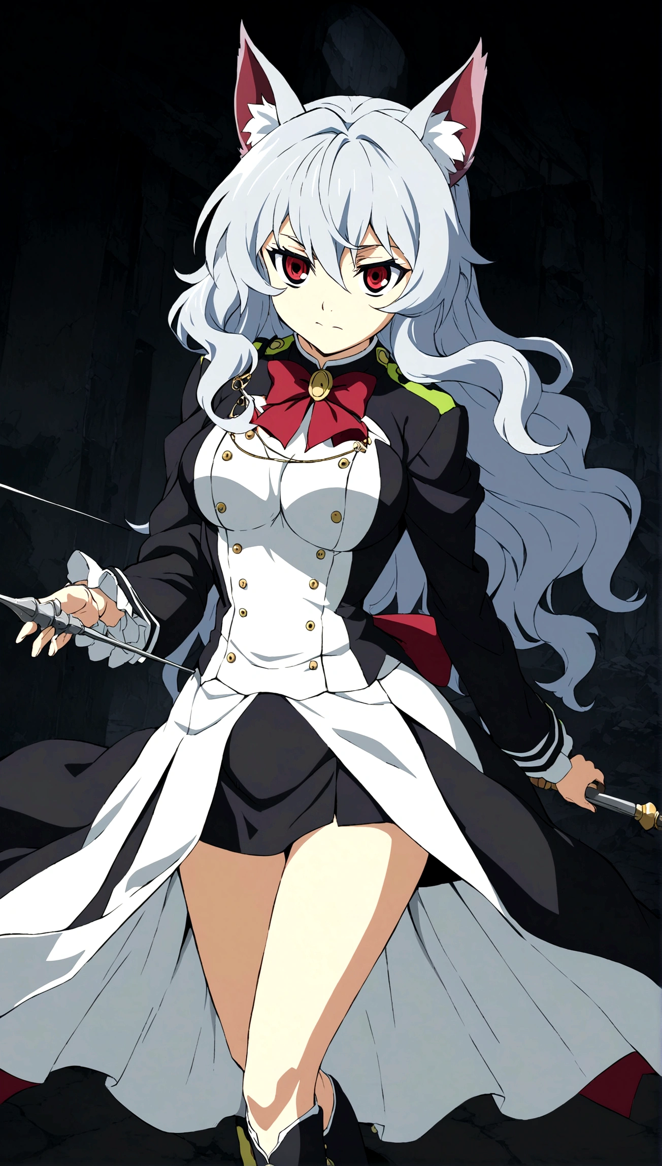 Anime. Owari no Seraph. 1 Girl. Dear . A vampire. Progenitor Clumsy. Silver hair. Wavy hair. Long hair. Red eyes. Beautiful eyes. Perfect eyes. Expressive eyes. Ideal face. Perfect body. Beautiful long ones. legs. Beautiful nose. 18 years. Big breasts. Standing. Full length Beautiful character design. Shiny skin. Pointy ears. White dress. Vampire uniform dress from
Owari no Seraph. Black stockings. Heeled shoes. Rapier in right hand. Ruins of Tokyo. Full body. NSWF. Official art. Extremely detailed CG Unity 8k wallpaper. Ideal lighting. Ultra high resolution 4K. Super detailed 8K. A high resolution.