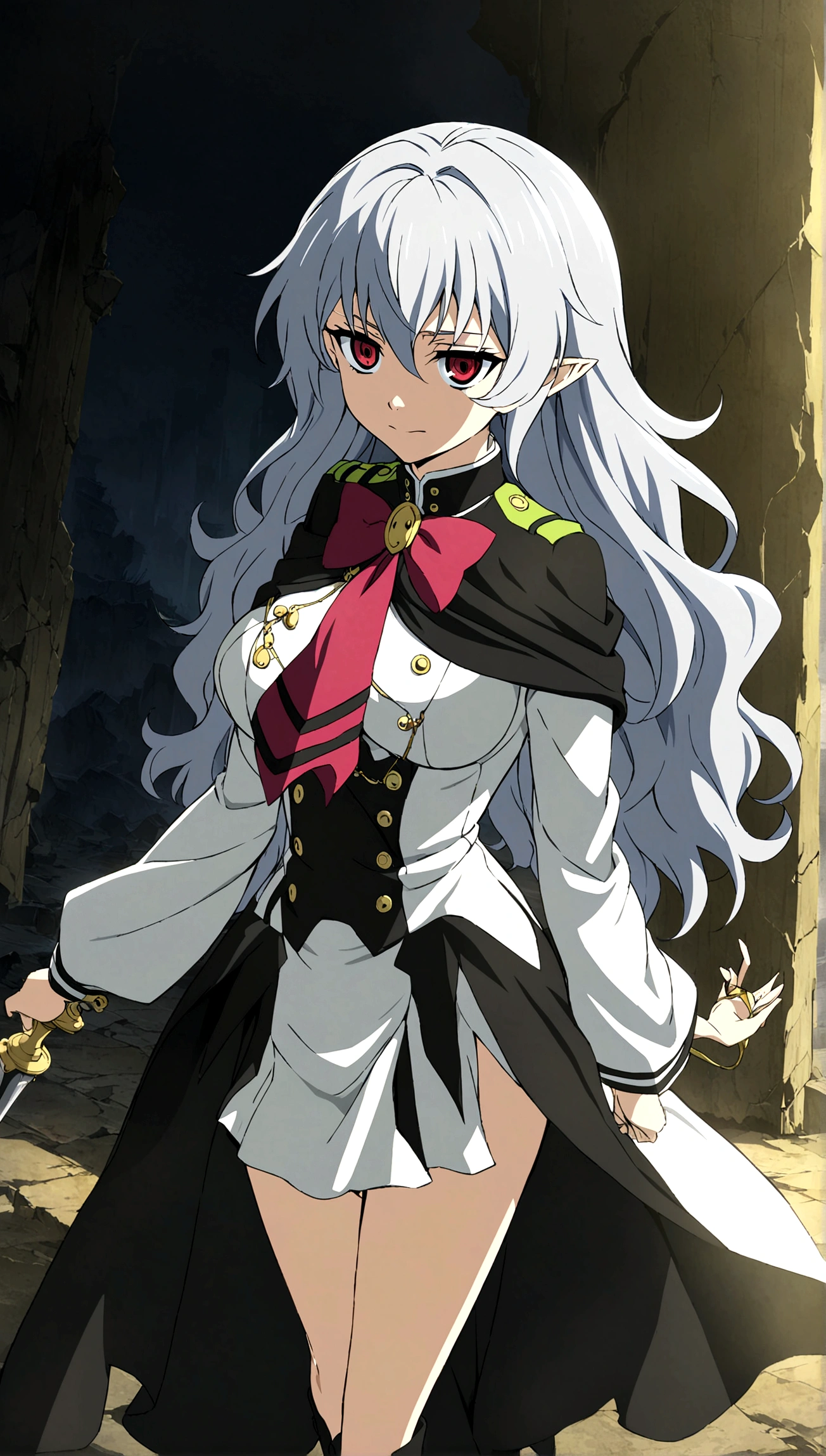 Anime. Owari no Seraph. 1 Girl. Dear . A vampire. Progenitor Clumsy. Silver hair. Wavy hair. Long hair. Red eyes. Beautiful eyes. Perfect eyes. Expressive eyes. Ideal face. Perfect body. Beautiful long ones. legs. Beautiful nose. 18 years. Big breasts. Standing. Full length Beautiful character design. Shiny skin. Pointy ears. White dress. Vampire uniform dress from
Owari no Seraph. Black stockings. Heeled shoes. Rapier in right hand. Ruins of Tokyo. Full body. NSWF. Official art. Extremely detailed CG Unity 8k wallpaper. Ideal lighting. Ultra high resolution 4K. Super detailed 8K. A high resolution.
